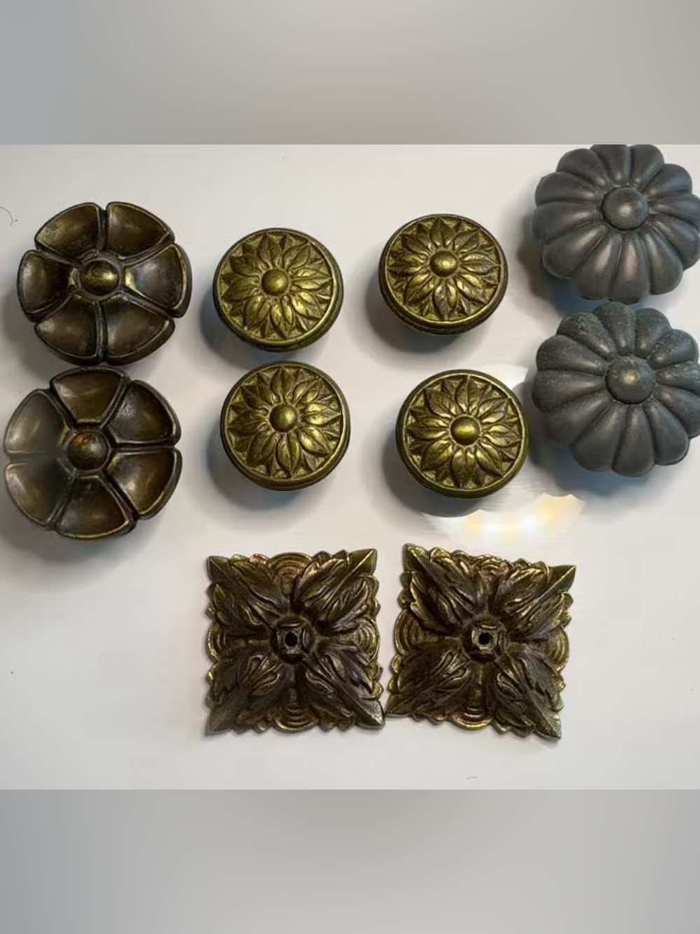 Vintage Canada & Lyster Brass Hardware Knob Lot Scalloped Square 10pc
